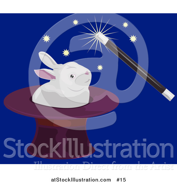 Vector Illustration of a Magician Using a Magic Wand to Make a White Rabbit Appear in a Hat