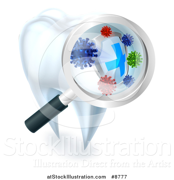 Vector Illustration of a Magnifying Glass over a Tooth, Displaying Bacteria and a Shield