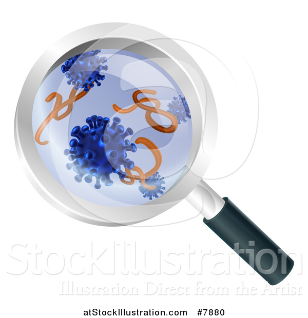 Vector Illustration of a Magnifying Glass Zoomed over Germs and Viruses