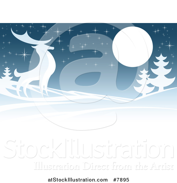 Vector Illustration of a Majestic Buck Deer in a Hilly Winter Landscape Under a Full Moon at Night