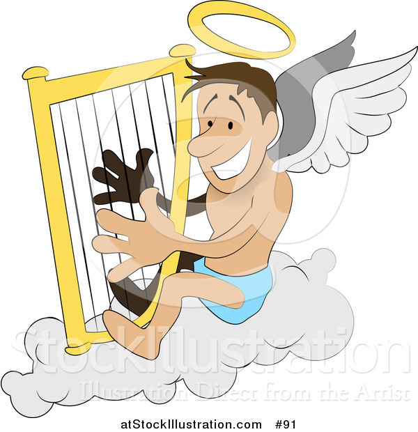 Vector Illustration of a Male Angel with a Halo and Wings, Sitting on a Cloud and Playing a Harp