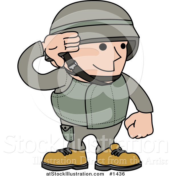 Vector Illustration of a Male Army Soldier in a Green Uniform and Helmet, Saluting with His Hand
