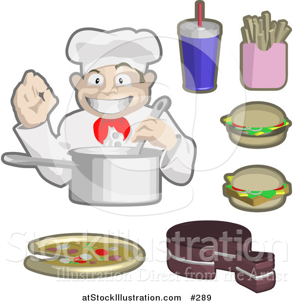 Vector Illustration of a Male Chef Cooking, Surrounded by Soda, Fries, Cheeseburgers, Cake and Piza