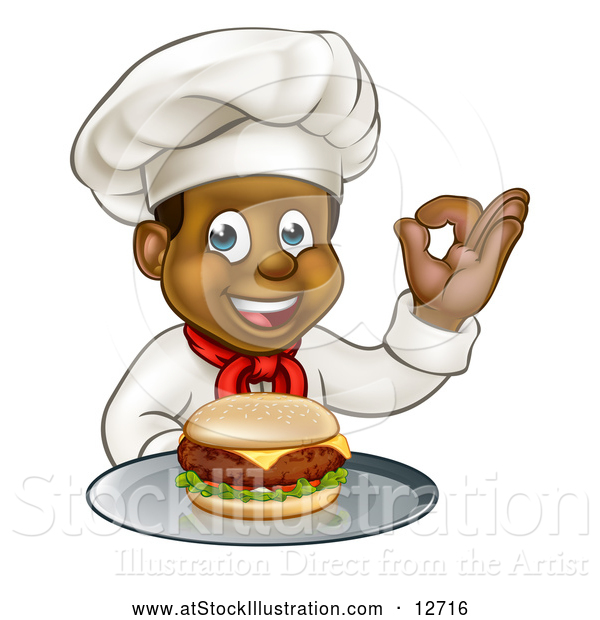 Vector Illustration of a Male Chef Holding a Cheeseburger on a Tray and Gesturing Perfect