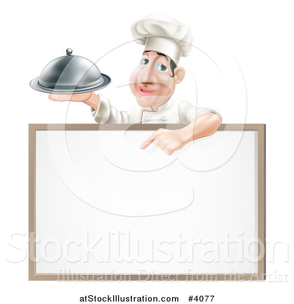 Vector Illustration of a Male Chef Holding a Cloche and Pointing down at a White Board