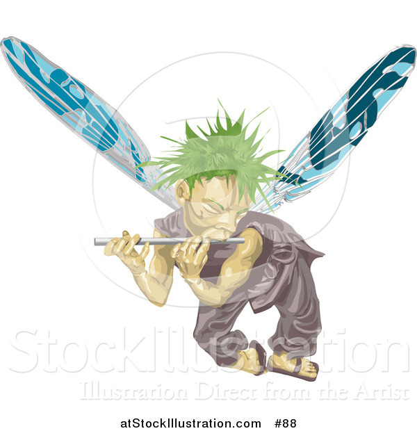 Vector Illustration of a Male Fairy with Green Hair and Blue Wings, Flying and Playing a Flute