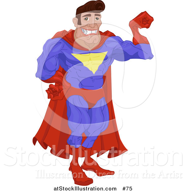 Vector Illustration of a Man in a Red and Blue Super Hero Costume, Smiling and Flexing His Arm Muscle