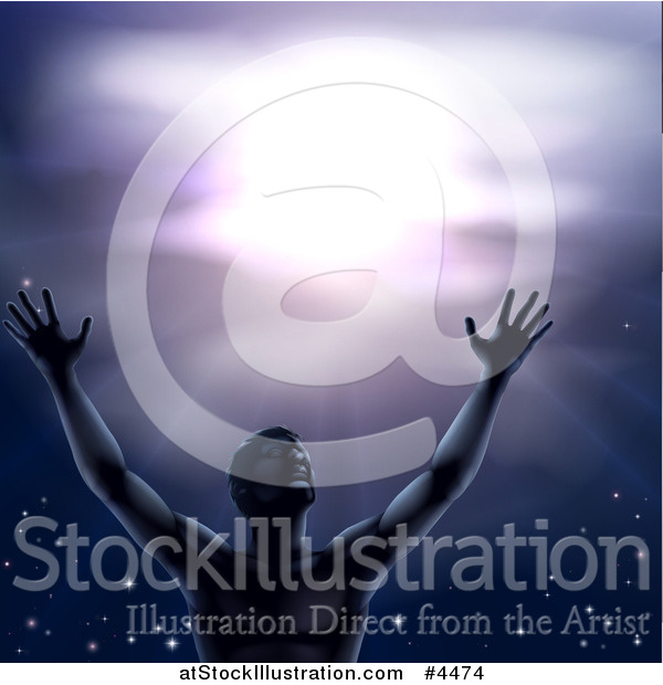 Vector Illustration of a Man in Worship, Holding His Arms up to a Purple Sky