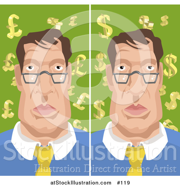 Vector Illustration of a Man with Backgrounds of Euro Pounds and Dollars