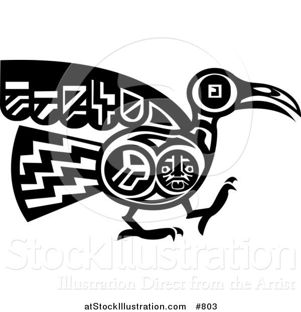 Vector Illustration of a Mayan or Aztec Bird Design in Black and White