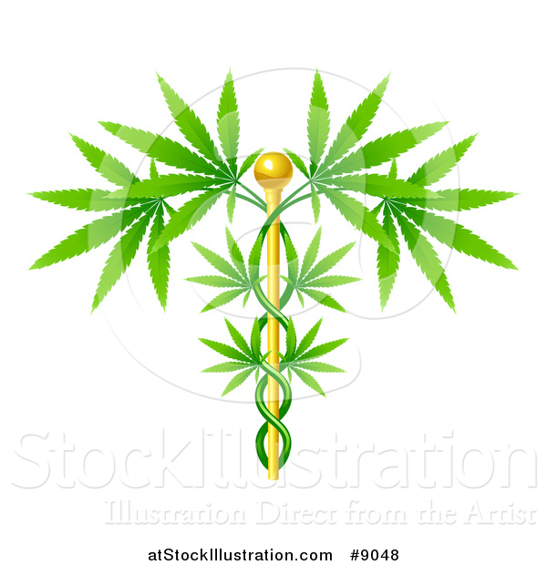 Vector Illustration of a Medical Marijuana Design with a Cannabis Plant Growing on a Gold Caduceus