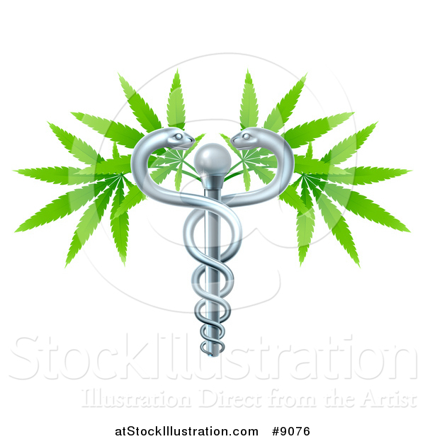 Vector Illustration of a Medical Marijuana Design with a Cannabis Plant Growing on a Silver Snake Caduceus