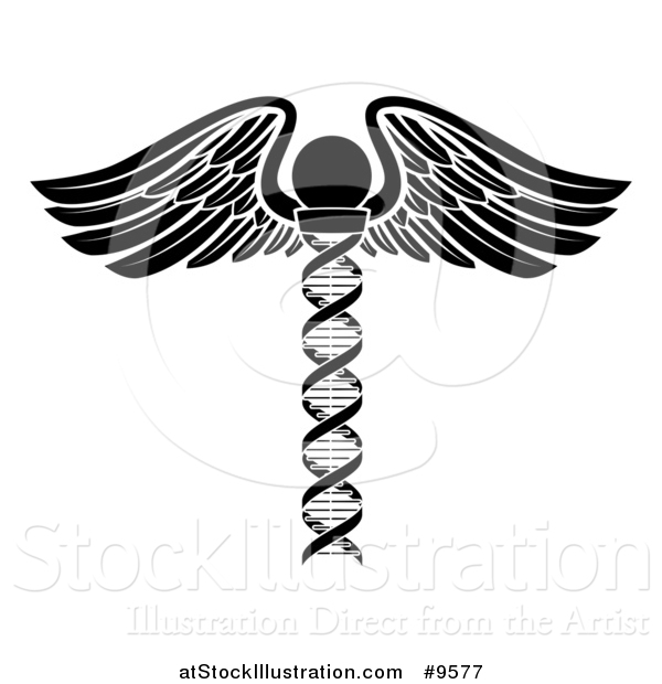 Vector Illustration of a Medical Symbol: Winged DNA Strand Rod Caduceus - White and Black Version