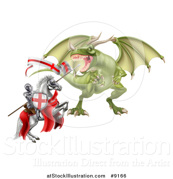 Vector Illustration of a Medieval Knight, Saint George, on a Rearing White Horse, Fighting a Dragon