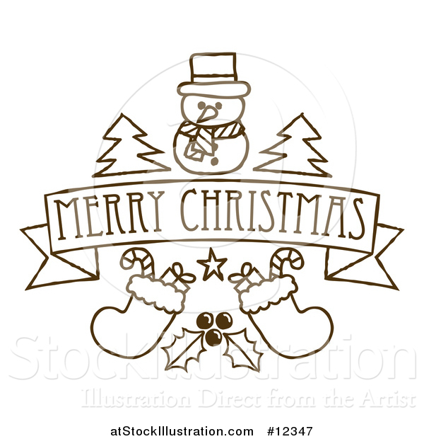 Vector Illustration of a Merry Christmas Banner with Holly Stockings Trees and a Snowman