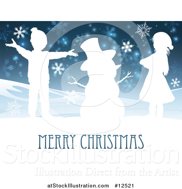 Vector Illustration of a Merry Christmas Greeting Featuring Happy Children Beside Snowman