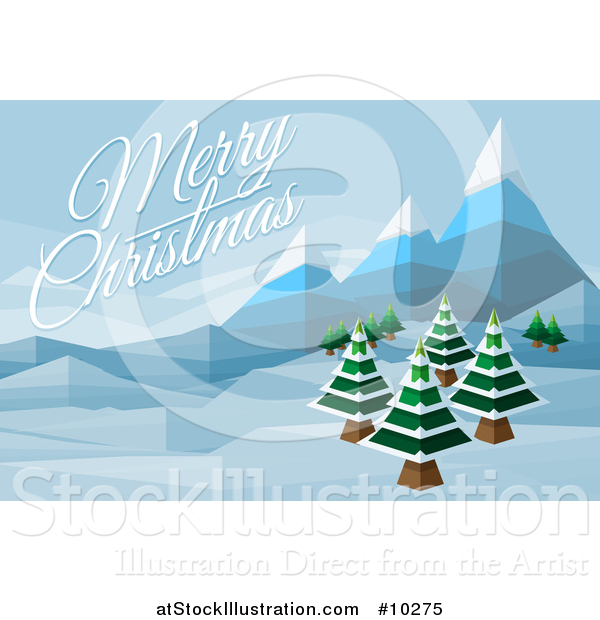 Vector Illustration of a Merry Christmas Greeting over a Geometric Polygon Styled Winter Landscape with Mountains and Evergreen Trees