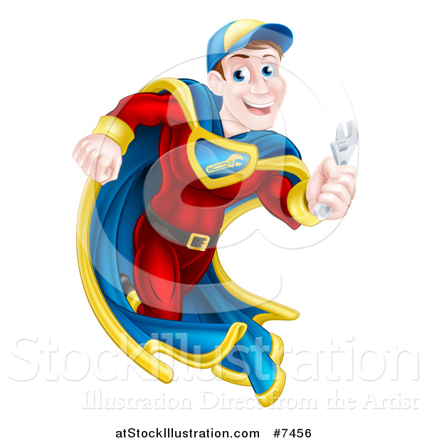 Vector Illustration of a Middle Aged Brunette Caucasian Male Super Hero Mechanic Running with a Wrench