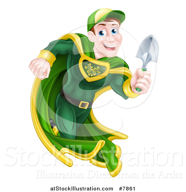 Vector Illustration of a Middle Aged Brunette Caucasian Male Super Hero Running with a Garden Trowel