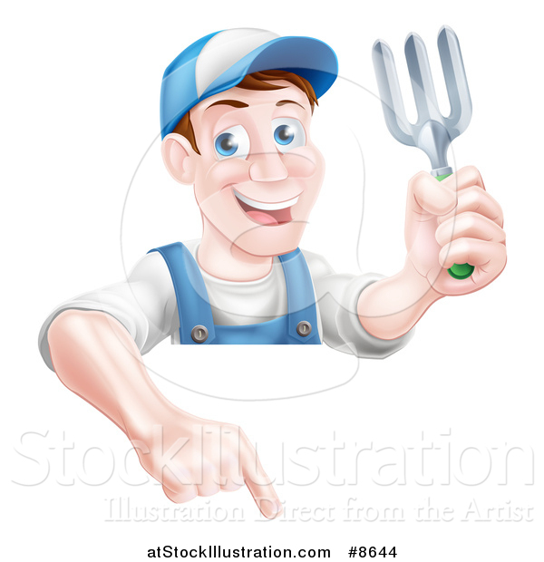 Vector Illustration of a Middle Aged Brunette White Male Gardener in Blue, Holding a Garden Fork and Pointing down over a Sign