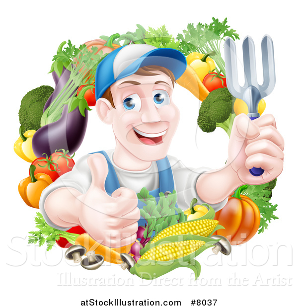 Vector Illustration of a Middle Aged Brunette White Male Gardener in Blue, Holding up a Garden Fork and Giving a Thumb up in a Wreath of Produce