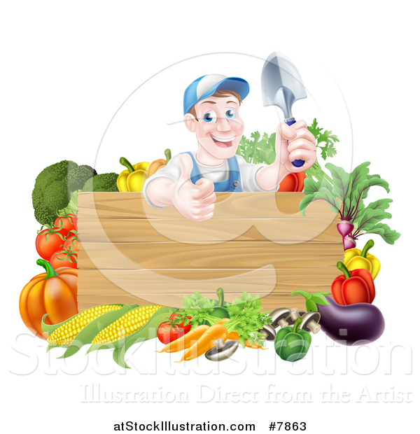 Vector Illustration of a Middle Aged Brunette White Male Gardener in Blue, Holding up a Garden Spade and Giving a Thumb up over a Blank Wood Sign with Produce