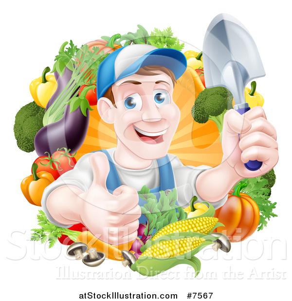 Vector Illustration of a Middle Aged Brunette White Male Gardener in Blue, Holding up a Shovel and Giving a Thumb up in a Wreath of Produce