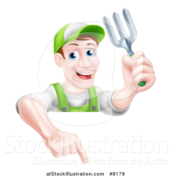 Vector Illustration of a Middle Aged Brunette White Male Gardener in Green, Holding a Garden Fork and Pointing down over a Sign