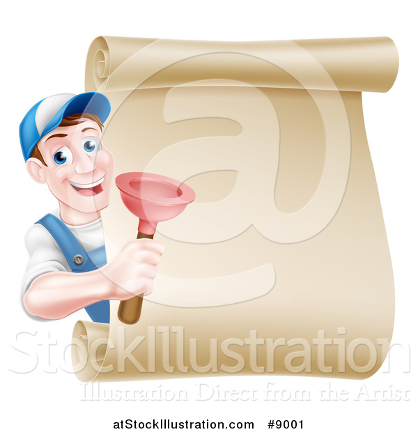 Vector Illustration of a Middle Aged Brunette White Male Plumber Wearing a Baseball Cap, Holding a Plunger Around a Scroll Sign
