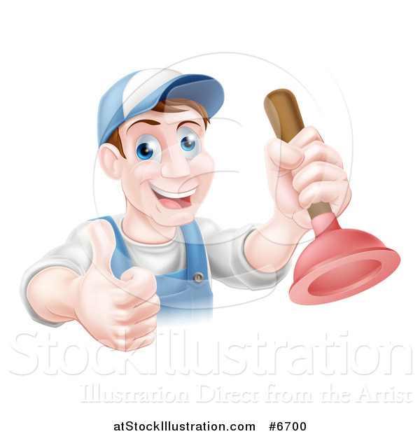 Vector Illustration of a Middle Aged Brunette White Male Plumber Wearing a Baseball Cap, Holding a Thumb up and a Plunger