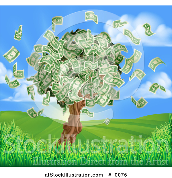 Vector Illustration of a Money Tree with Cash Falling off in a Hilly Landscape with a Sunrise