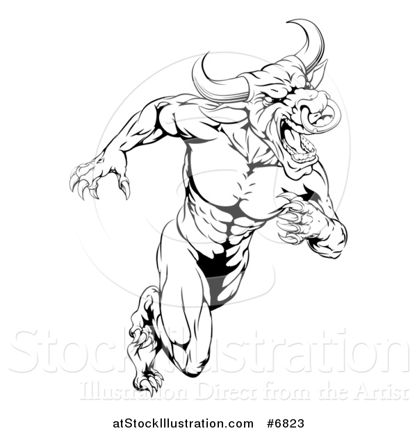 Vector Illustration of a Muscular Aggressive Black and White Bull Man Monster Sprinting Upright