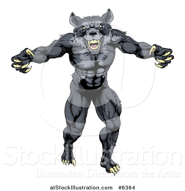 Vector Illustration of a Muscular Aggressive Black Wolf Man Attacking