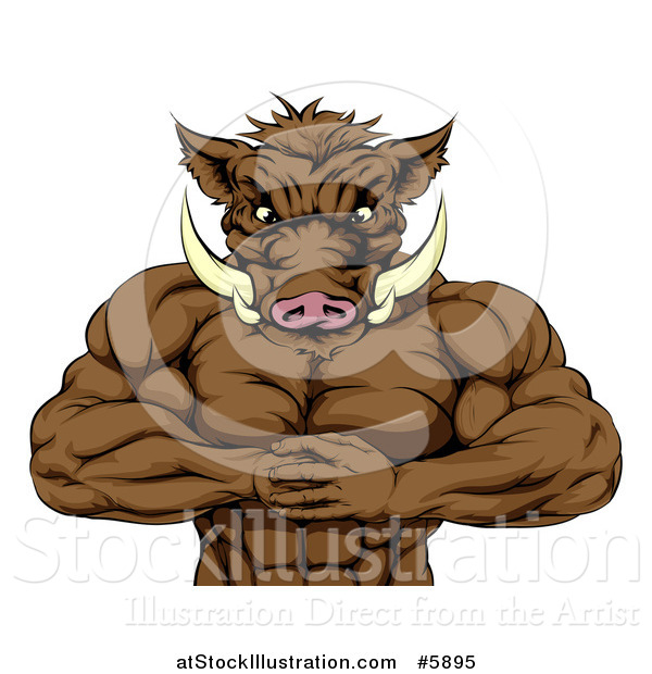 Vector Illustration of a Muscular Aggressive Boar Man Mascot Gesturing Bring It