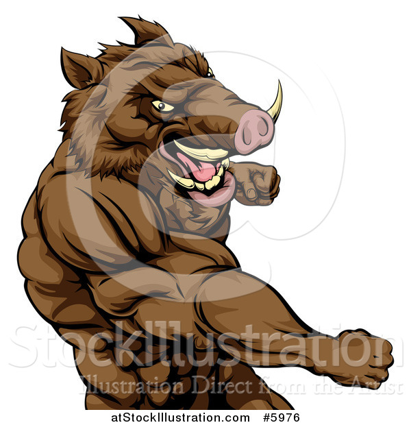 Vector Illustration of a Muscular Aggressive Boar Man Punching