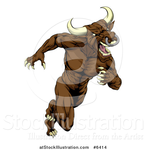 Vector Illustration of a Muscular Aggressive Brown Bull Man Mascot Running Upright