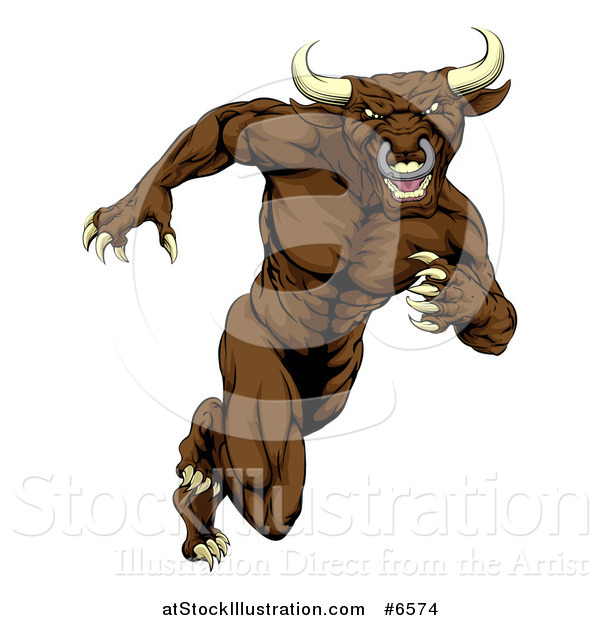 Vector Illustration of a Muscular Aggressive Brown Bull Man Mascot Sprinting Upright