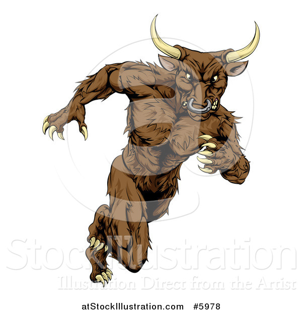 Vector Illustration of a Muscular Aggressive Bull Man Mascot Running Upright