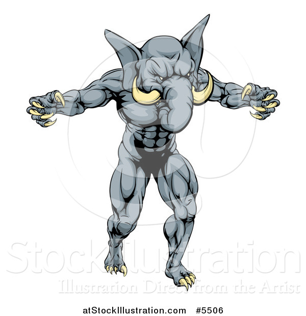Vector Illustration of a Muscular Aggressive Elephant Mascot Standing Upright