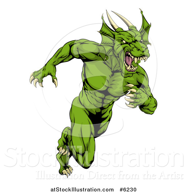 Vector Illustration of a Muscular Aggressive Green Dragon Man Mascot Running Upright