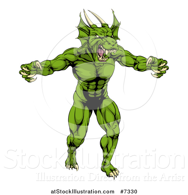 Vector Illustration of a Muscular Aggressive Green Dragon Man Mascot Walking Upright