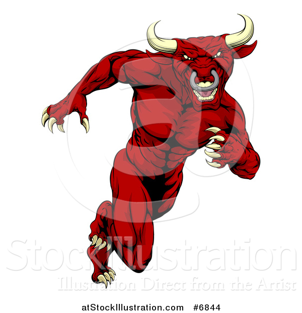 Vector Illustration of a Muscular Aggressive Red Bull Man Monster Sprinting Upright