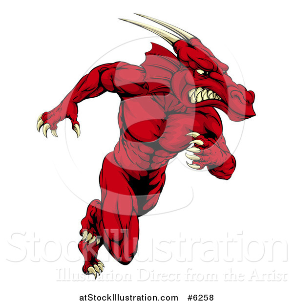 Vector Illustration of a Muscular Aggressive Red Dragon Man Mascot Running Upright