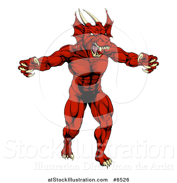 Vector Illustration of a Muscular Aggressive Red Dragon Man Mascot Walking Upright