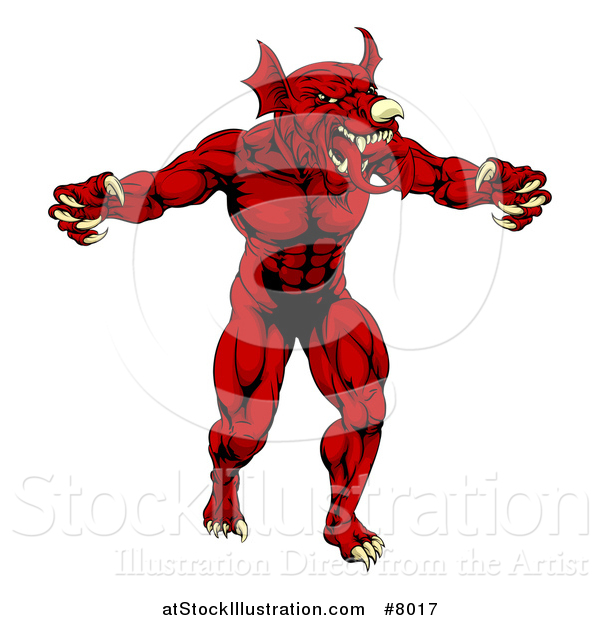 Vector Illustration of a Muscular Aggressive Red Welsh Dragon Man Mascot Walking Upright