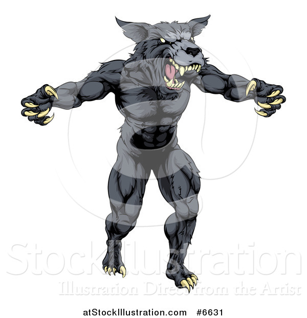 Vector Illustration of a Muscular Angry Aggressive Black Wolf Man Attacking