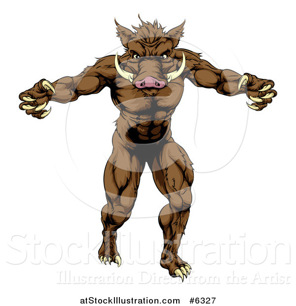 Vector Illustration of a Muscular Angry Brown Boar Man with Claws