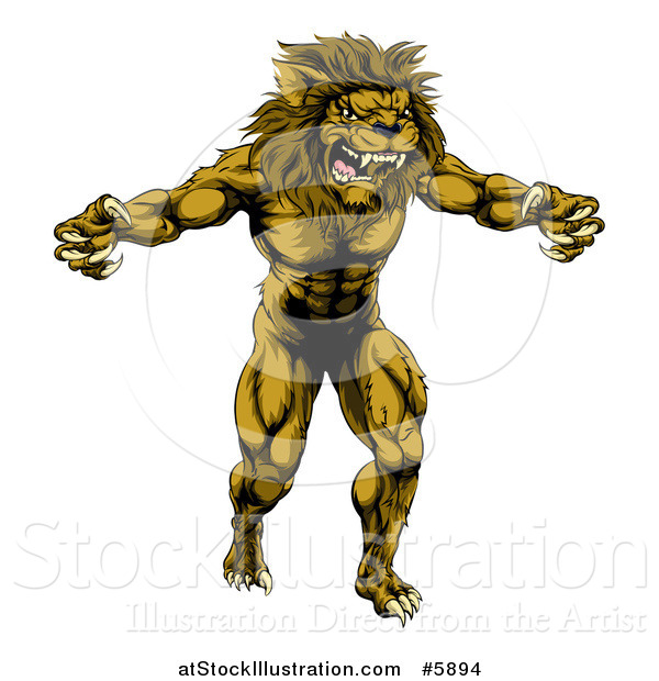 Vector Illustration of a Muscular Angry Lion Man Roaring with Claws Bared