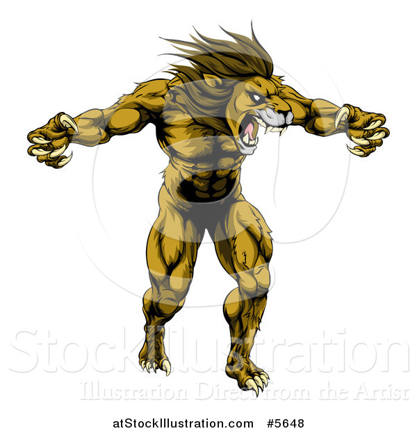 Vector Illustration of a Muscular Angry Lion Roaring with Claws Bared