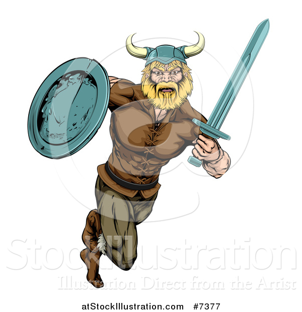 Vector Illustration of a Muscular Blond Viking Warrior Sprinting with a Sword and Shield